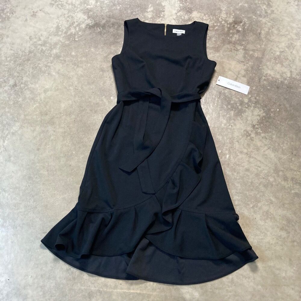 Calvin Klein Dress Womens 8 Black Essential Sleeveless Sheath Ruffle Hem mujer‎